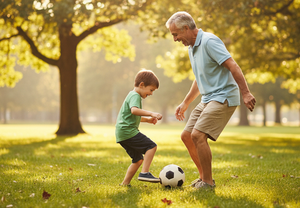 Senior spielt Fussball mit seinem Enkel